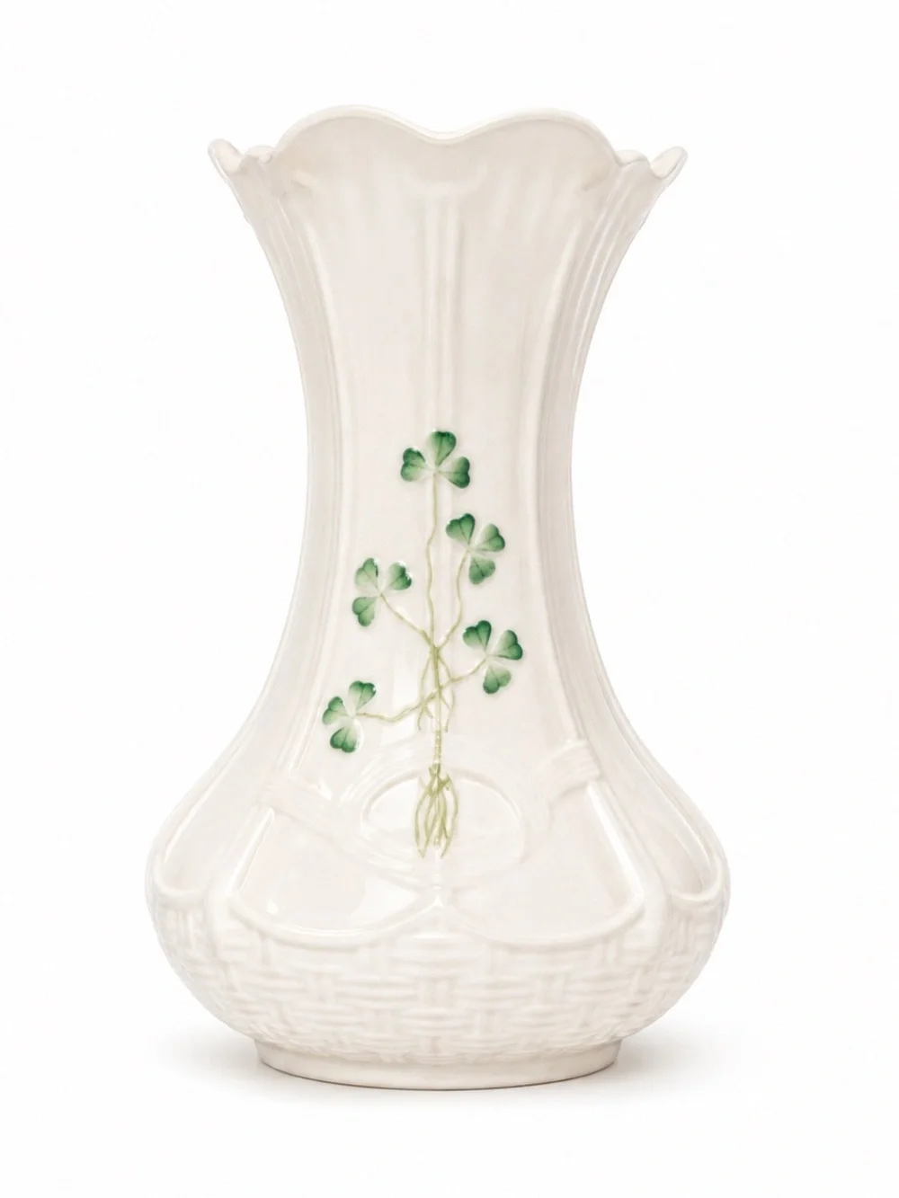 Vintage Belleek Ireland Strangford Shamrock Vase Basketweave Ivory Porcelain